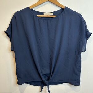 Monk & Lou short sleeve blouse navy blue front tie detail buttons
